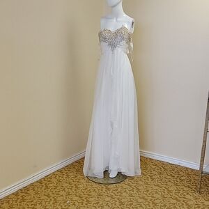 Elegant Strapless White and Gold Evening Gown